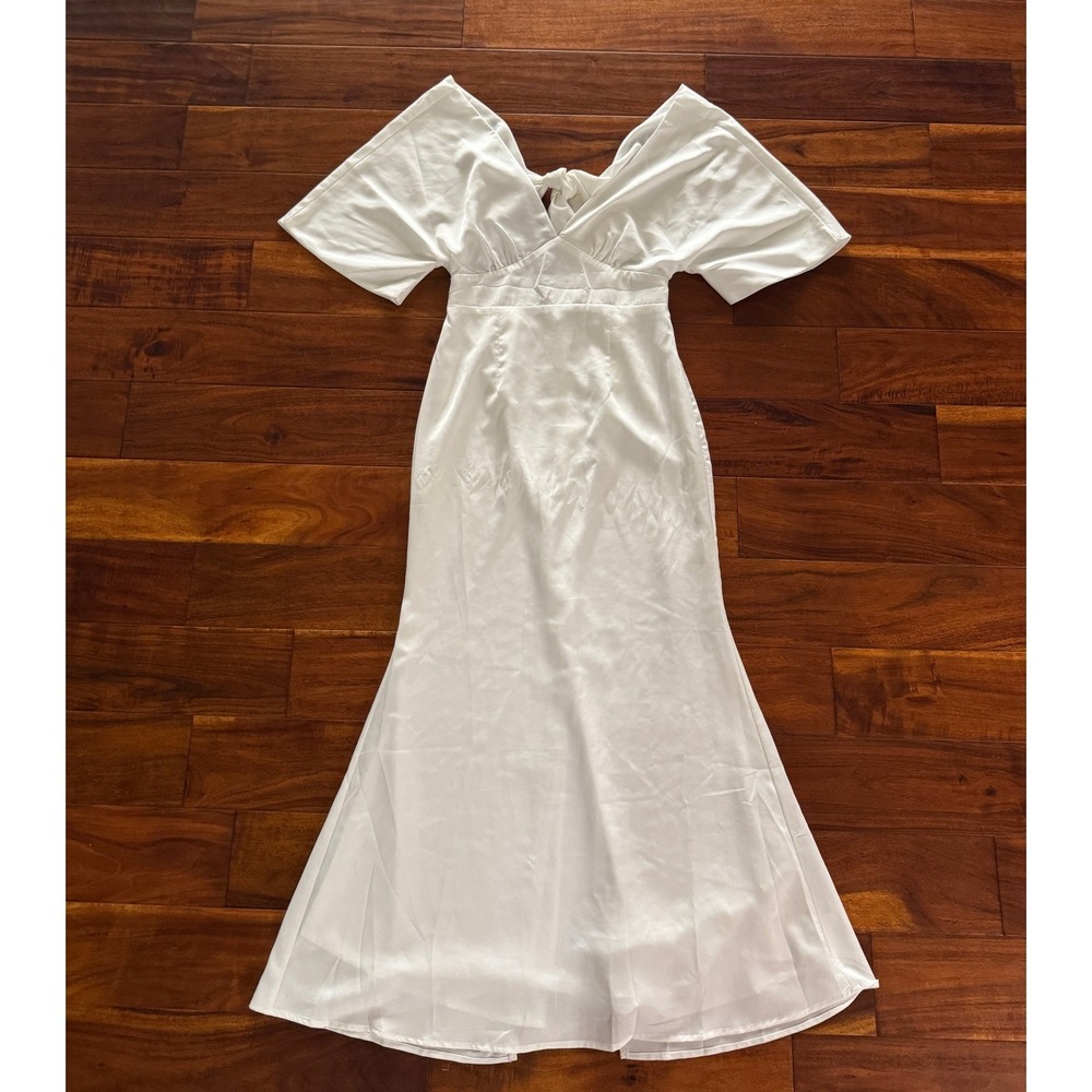 RIHOAS Maxi Dress Womens S White New Satin Flutter Sleeve Tie Back Slit Formal